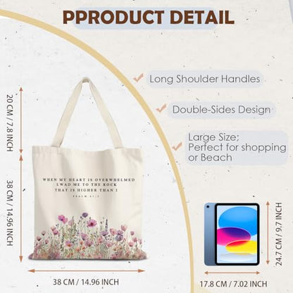 God Says You are Christian Canvas Tote Bags for Women, Inspirational Christian Gifts for Women - color: Floral Christian Psalm 61:2