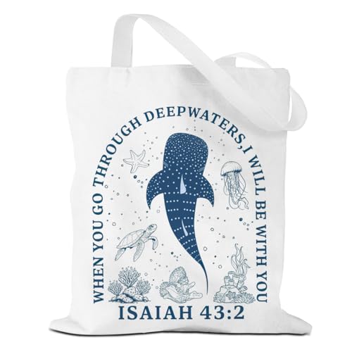 VICBOU Bible Verse Canvas Tote Bag Religious Christian Gifts for Women Men Faith Canvas Tote Reusable Grocery Bag - color: Whale01