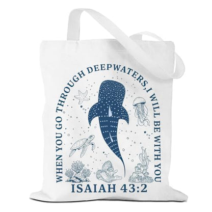 VICBOU Bible Verse Canvas Tote Bag Religious Christian Gifts for Women Men Faith Canvas Tote Reusable Grocery Bag - color: Whale01