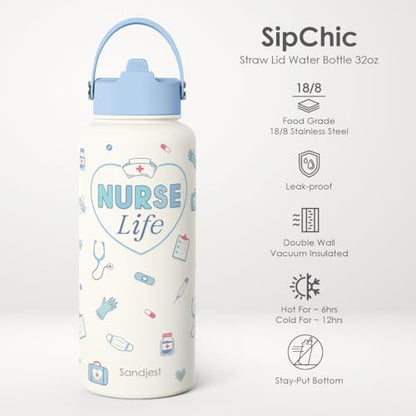 SANDJEST Nurse Water Bottle Stainless Steel 32oz with Lid & Straw, Nurse Life Insulated Bottles Gifts for Women Medical Students Friends Birthday Christmas Nurse Week - color: Nurse 3