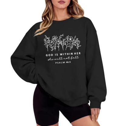 Christian God Is Within Her Sweatshirts Jesus Faith Religous Hoodie Bible Verse Floral Graphic Inspirational Shirts - color: Black, size: Large