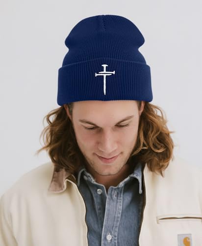 Christian Jesus Cross Beanie - Faith Winter Beanie Hats for Men Women - Religious Gifts for Christmas & New Years - color: Three Nails Cross/Navy Blue