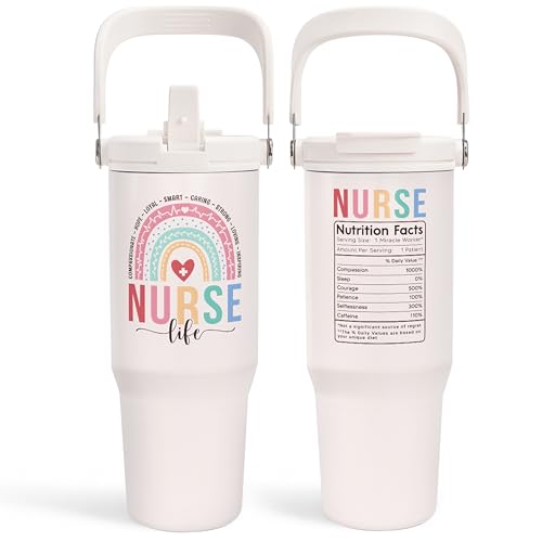 SANDJEST 30oz Stainless Steel Tumbler with Handle & Flip Straw, Insulated Cup for Nurse Appreciation, Birthday, Christmas, Graduation - color: Nurse 2