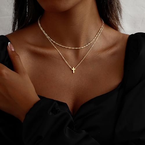 Cross Necklace for Women 14K Gold Silver Plated Small Cross Necklace Dainty Cross Pendant Choker Simple Trendy Cute Sideway Cross Charm Chain Necklaces for Women Trendy Christian Baptism Religious Faith Jewelry Gifts - size: Gold-104