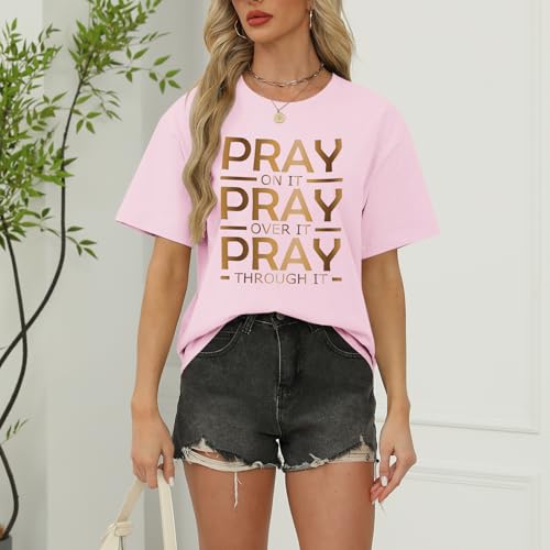 Tuislay Christian Shirts for Women Pray On It Pray Over It Pray Through It T Shirt Faith Graphic Tees Jesus Religious Tshirts - color: Pink, size: XX-Large