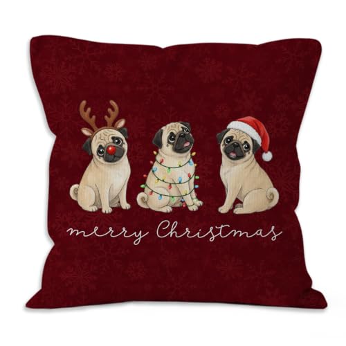 Merry Christmas Pug Dog Throw Pillow Covers 18x18 Home Decor - color: Pug Dog