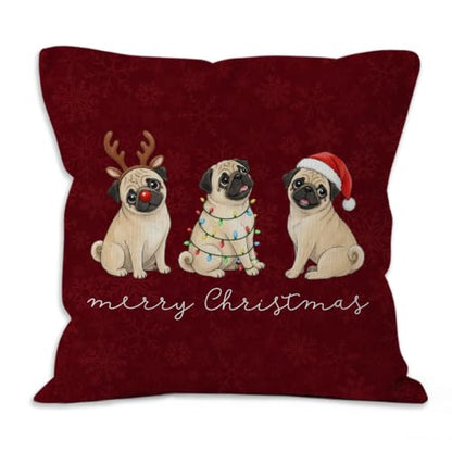 Merry Christmas Pug Dog Throw Pillow Covers 18x18 Home Decor - color: Pug Dog