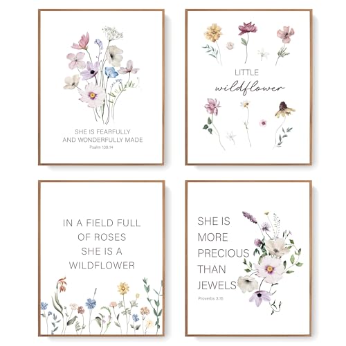 LARTSFRO Bible Wildflower christian Wall Art Decor, Flower Scripture Art Wall Decor, Christian Gifts, Floral Bible Verse Posters， Posters for Room Aesthetic, 10x8 Inch Set of 4 Unframed - color: wildflower