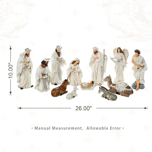 Glitzhome 12Pcs Ivory Resin Nativity Figurines Set Christmas Nativity Sets Tabletop Scenes Ornaments Xmas Nativity Collectible Figurines Indoor Decor Miniatures Statues Figures10.00" x 26.00" - size: 10 x 26 Inches-Ivory