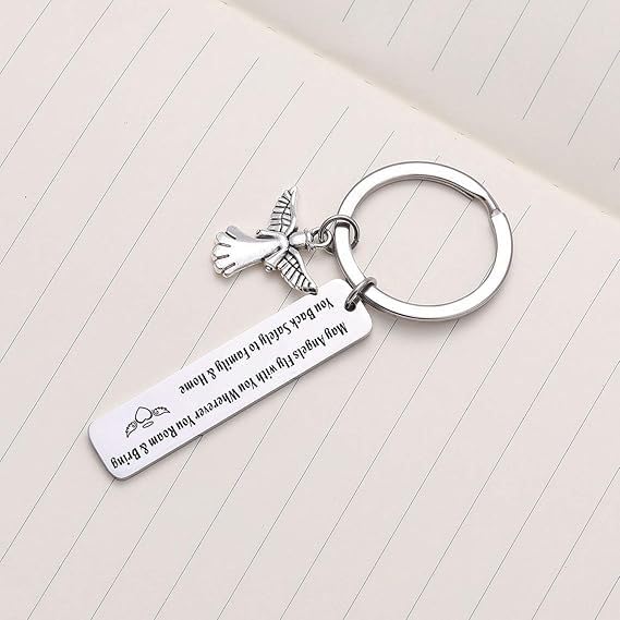 Inspirational Guardian Angel Keychain Stainless Steel Engraved Message Keyring for Women Car Keys Charms