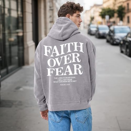 Christian Faith Over Fear Hoodies for Men Jesus Religious Graphic Sweatshirt Bible Verse Acid Wash Pullover Hoodie - color: Gray, size: Large