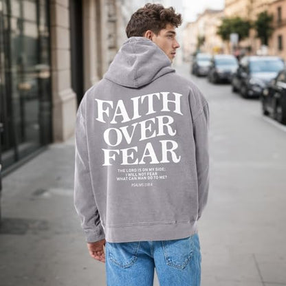 Christian Faith Over Fear Hoodies for Men Jesus Religious Graphic Sweatshirt Bible Verse Acid Wash Pullover Hoodie - color: Gray, size: Large