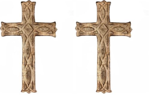 Hosley Hand-Carved Wooden Cross – 8 Inch Rustic Faith Wall Decor | Christian Gift, Prayer Room, Home Blessing, Wedding & Baptism Keepsake (Pack of 2) - size: 8"L x 4.8"W (Pack of 2)