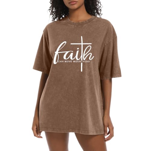 Christian Shirts for Women Faith Can Move Mountains Acid Wash Graphic Shirt Jesus Religious Bible Verse Tee Tops - color: Coffee, size: Large
