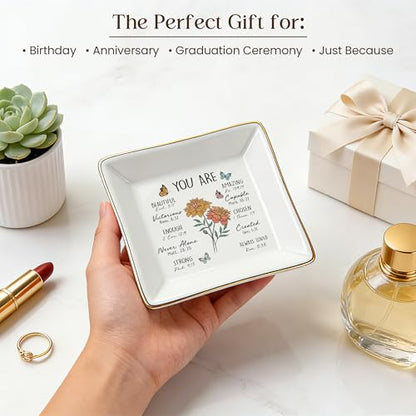 PUDDING CABIN Birthday Gifts for Women, Marigold Scripture Jewelry Dish, Christian Gifts - style: Marigold:Creativity, Passion, Warmth(October Birth Flower )