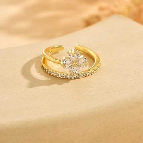 18K Gold Plated Cubic Zirconia Adjustable Open Rings for Women - color: Double Flower CZ