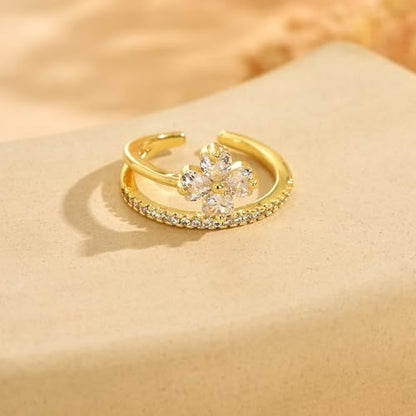18K Gold Plated Cubic Zirconia Adjustable Open Rings for Women - color: Double Flower CZ