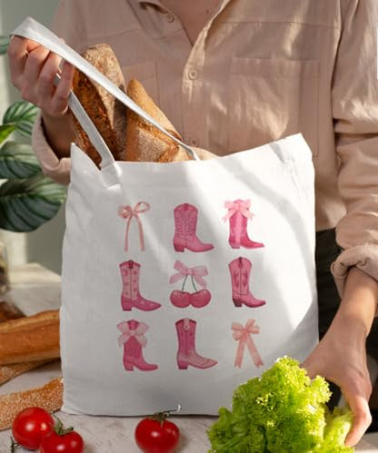 Coquette Bow Bible Canvas Tote Bag for Women Teens Teen Girls, Pink Bow Girls Tote Bag, Coquette Gifts - color: Cowgirl Boots