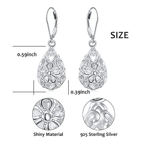 925 Sterling Silver Filigree Dangle Drop Leverback Teardrop Earrings - color: Cherry Blossoms Filigree