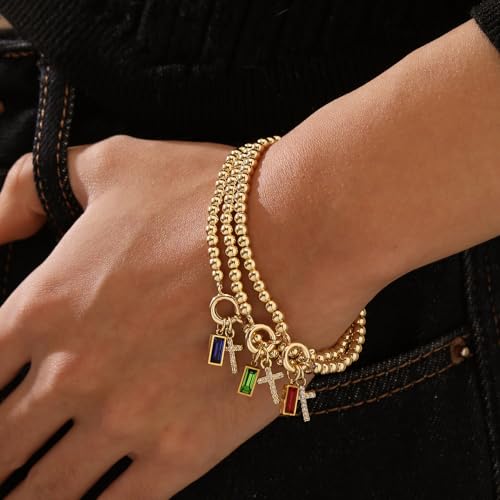 Korotho Cross Birthstone Bracelet for Women - Dainty Elastic 14K Gold Plated Bead Bracelets Trendy Waterproof Non Tarnish Birthday Jewelry Gifts Birthday Christmas Stocking Stuffer for Mom Friends - color: 08-August(Peridot)