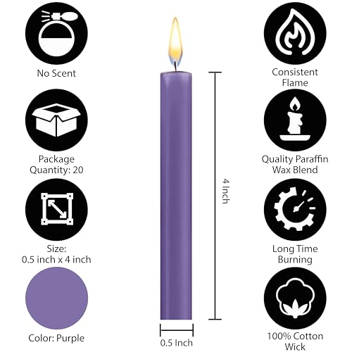 Dinil – Set of 20 Purple Spell & Chime Candles – Premium Mini Taper Candles for Rituals, Prayer, Birthdays, Meditation, Altar, Spells, Chime Candles - 4 Inch Tall, Unscented (Purple) - color: Purple, size: 20 Pack