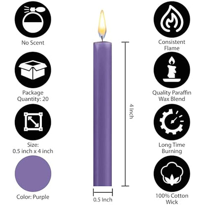 Dinil – Set of 20 Purple Spell & Chime Candles – Premium Mini Taper Candles for Rituals, Prayer, Birthdays, Meditation, Altar, Spells, Chime Candles - 4 Inch Tall, Unscented (Purple) - color: Purple, size: 20 Pack
