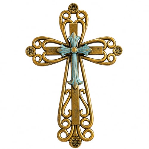 Comfy Hour Cross Wall Decor, 13 Inch, Rustic Bronze and Turquoise Stone Resin Hanging Christian Wall Art for Home, Living Room, Bedroom, Entryway, Religious Gift
