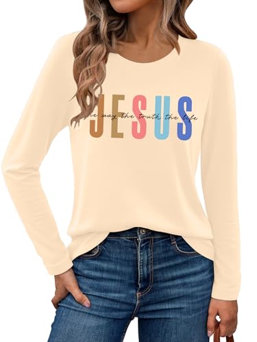 Christian Shirts for Women: Faith Over Fear T Shirt Religious Graphic Tee Bibel Verse Long Sleeve Tops - color: Apricot, size: X-Large