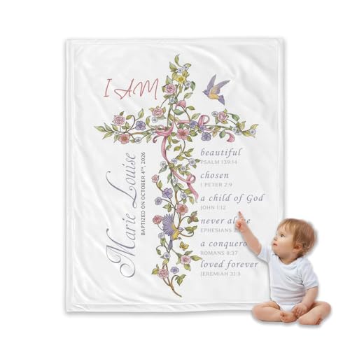 Personalized Baptism Blanket for Girl, Custom Floral Cross Christian Blanket, Catholic Christening Gift, Baby Girl Scripture Throw, Baptized in Christ Blankets, Goddaughter Keepsake, Nursery Decor - color: #Ver4