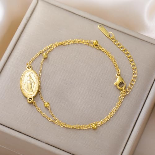 VASSAGO Virgin Mary Bracelet for Women Men Double-Sided Virgen de Guadalupe Rosary Bracelet Medal Handmade Braided Rope Catholic Christian Religious Jewelry Gift - color: gold layered