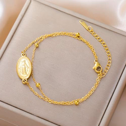 VASSAGO Virgin Mary Bracelet for Women Men Double-Sided Virgen de Guadalupe Rosary Bracelet Medal Handmade Braided Rope Catholic Christian Religious Jewelry Gift - color: gold layered