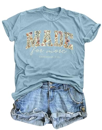 Made for More Christian Shirts for Women Inspirational Bible Verse T-Shirt Religious Faithful Short Sleeve Tee - color: Blue, size: X-Large