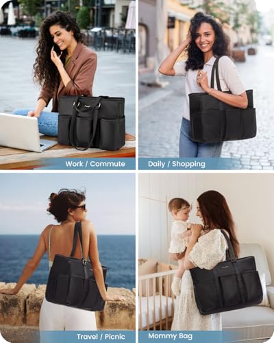 LOVEVOOK 17 Inch Laptop Tote Bag for Women Work, Teacher Tote Bag Nurse Bag, Professional Utility Computer Bag For Work/Travel/College/Daily, Large Purse Handbag With Trolley Sleeve & Large Cup Holder - color: Black, size: 17.3 Inch