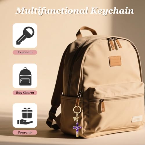 Angyape Cute Christian Cross Keychain for Women Purse Bag Charms Car Key Rings Accessories Flower Design Jesus Faith Gifts - color: J：purple