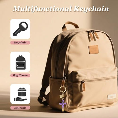 Angyape Cute Christian Cross Keychain for Women Purse Bag Charms Car Key Rings Accessories Flower Design Jesus Faith Gifts - color: J：purple