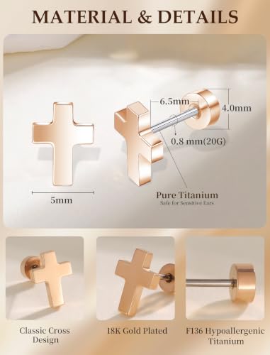 Limerencia Titanium Stud Earrings, Cross Earrings for Sensitive Ears - color: Rose Gold +Screw Back