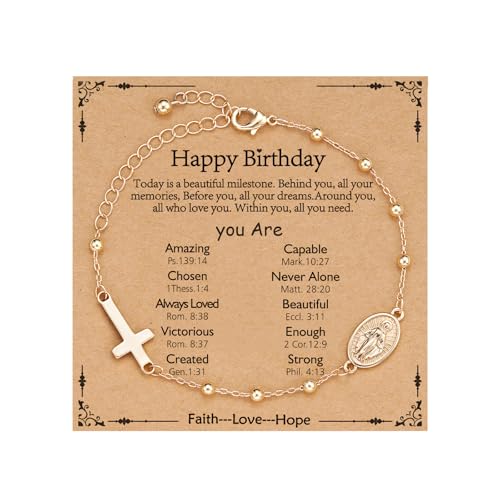 Gnamy Happy 13th 15th 16th 21th 30th 40th 50th Birthday Bracelet Gifts for Women Girls, 14k Gold Plated Virgin Mary Cross Bracelet Catholic Religious Friendship Jewelry for Her - style: Happy Birthday