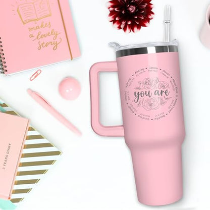 Christian Tumbler with Handle and Straw, 40 oz Vacuum Insulated Water Bottle Stainless Steel, Leak Proof Travel Mug, Inspirational Religious Belief Gifts for Her Women Girl Christmas Mothers Day - color: Pink
