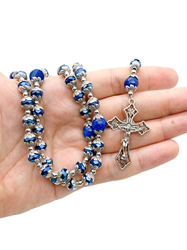 Nazareth Store Deep Blue Crystal Beads Rosary Blue Agate Glory Stone Beaded Necklace Miraculous Medal & Cross Crucifix Religious Rosaries Collection