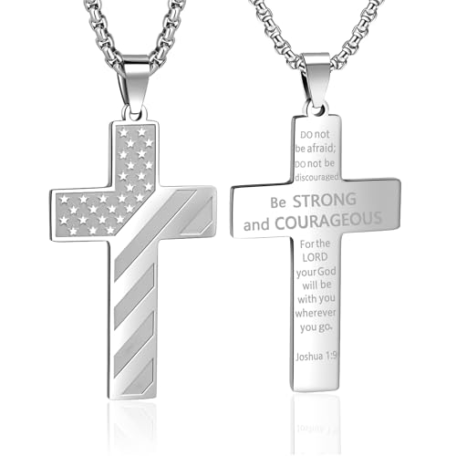 American Flag Cross Necklace for Men, Christian Confirmation Baptism Gifts - color: Silver, style: Joshua 1:9