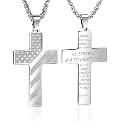 American Flag Cross Necklace for Men, Christian Confirmation Baptism Gifts - color: Silver, style: Joshua 1:9