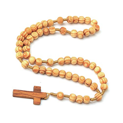 COLORFUL BLING Natural Wooden Catholic Rosaries Wood Crucifix Prayer Beads Pendant Necklace Prayer Jesus Religious Cross Rosary Necklace Handmade Jewelry - color: light textured