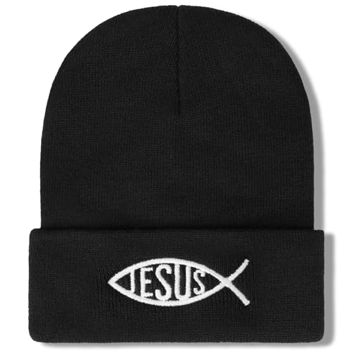 Christian Jesus Fish Beanie Hat for Men Women, Cuffed Beanie Jesus Hats, Religious Gifts for Christmas, New Years - color: Black, style: Jesus Fish