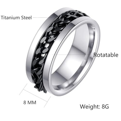 Mens Fidget Rings Anxiety Ring for Men 6mm 8mm Chain Spinner Ring Size 5-14 - color: Silver Black