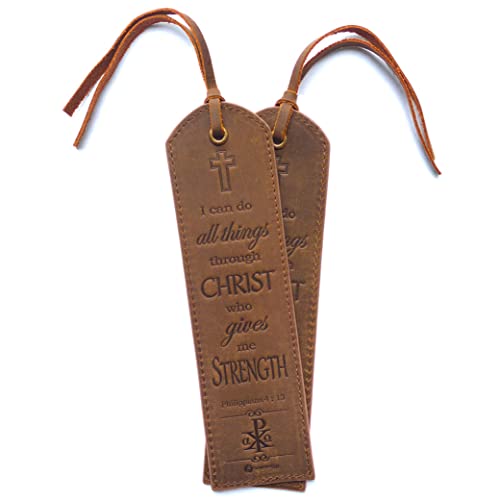 Leather Bible Bookmarks - 2 Leather Christian Bookmarks with Inspirational Bible Verse | Philippians 4: 13 I Can Do All Things Through Christ | Religious Book Marker Gifts for Men, Women and Readers - style: Philippians 4:13