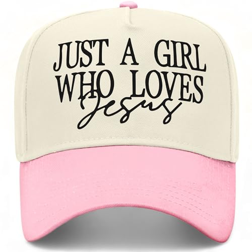 Just A Girl Who Loves Jesus V2 Hat | Premium Adjustable Christian Snapback Baseball Vintage Trucker Hat for Women - color: Pink/Natural