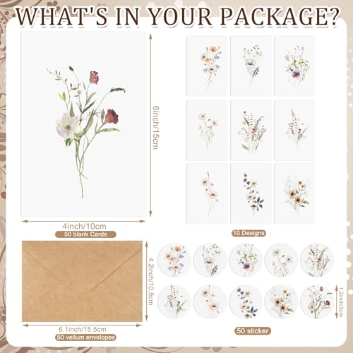 Motiskyy 50 Pcs Blank Greeting Cards 4x6, Blank Cards with Envelopes, 10 Designs, Ideal Stationary Set for All Occasions, Stationary with Matching White Envelope and Sticker(Floral) - style: Floral