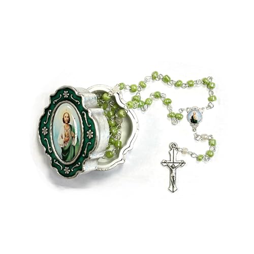 Catholic Silver Linked Rosary Set – 3mm Beads, 14.25" Length, Metal Keepsake Gift Box with Enamel Inlay – Perfect First Communion Gift (St. Jude) - color: St. Jude