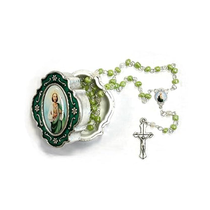 Catholic Silver Linked Rosary Set – 3mm Beads, 14.25" Length, Metal Keepsake Gift Box with Enamel Inlay – Perfect First Communion Gift (St. Jude) - color: St. Jude