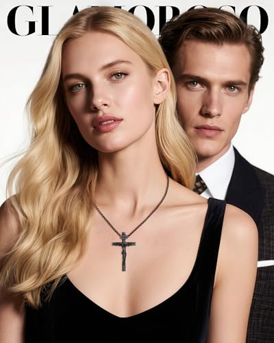 Crucifix Cross Necklace for Men and Women with Exquisite Jesus Pendant and Stainless Steel Chain 16-30 Inch - color: Cool Black, size: 20 Inch=51CM(Women's Average Length), style: Medium Pendant-1.8"x1.1"
